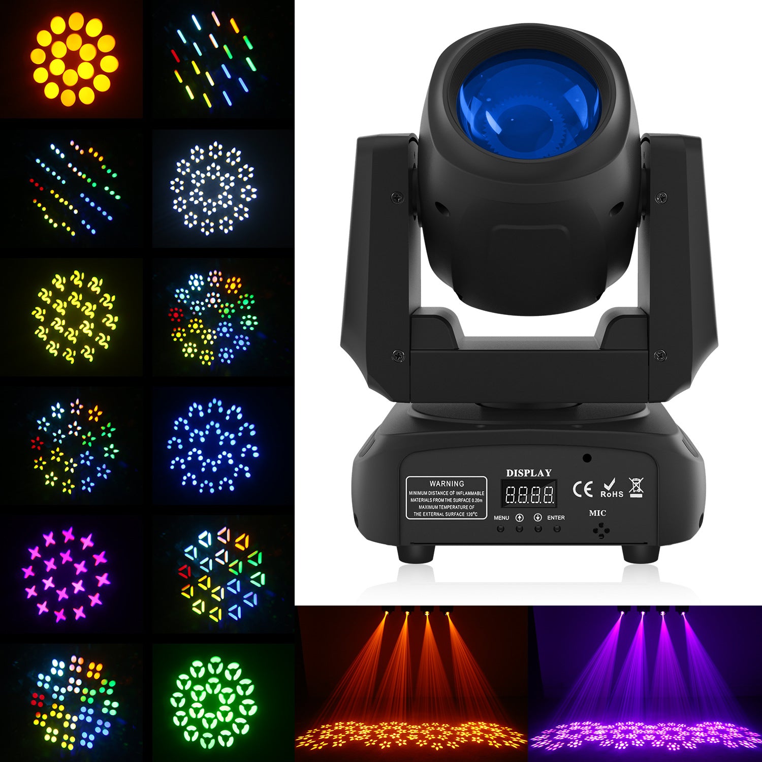 رأس متحرك ضوئي LED بقوة 120 واط | مقاومة للهب V0، 18 منشوراً، 7 أنماط، DMX512 – مسرح