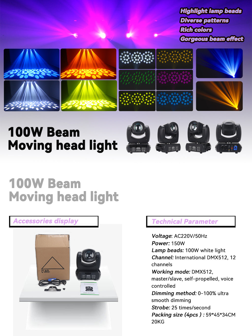 100W Beam Pattern Moving Head Light for Party, Bar, and Wedding Atmosphere Creation description 1
