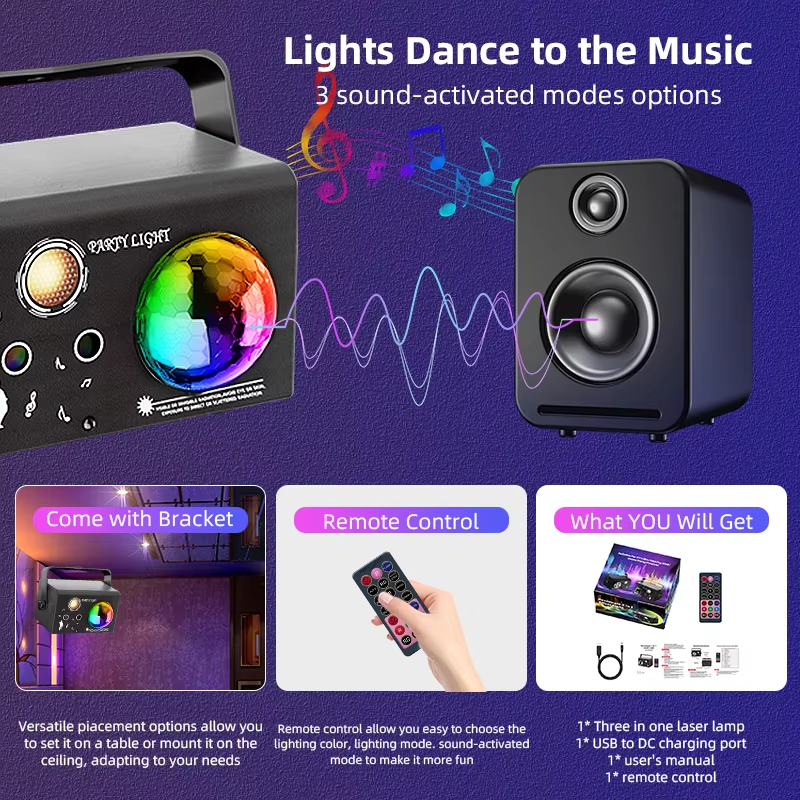 Square Magic Ball Laser Light Self-Propelled Voice Control Strobe Remote DC Power